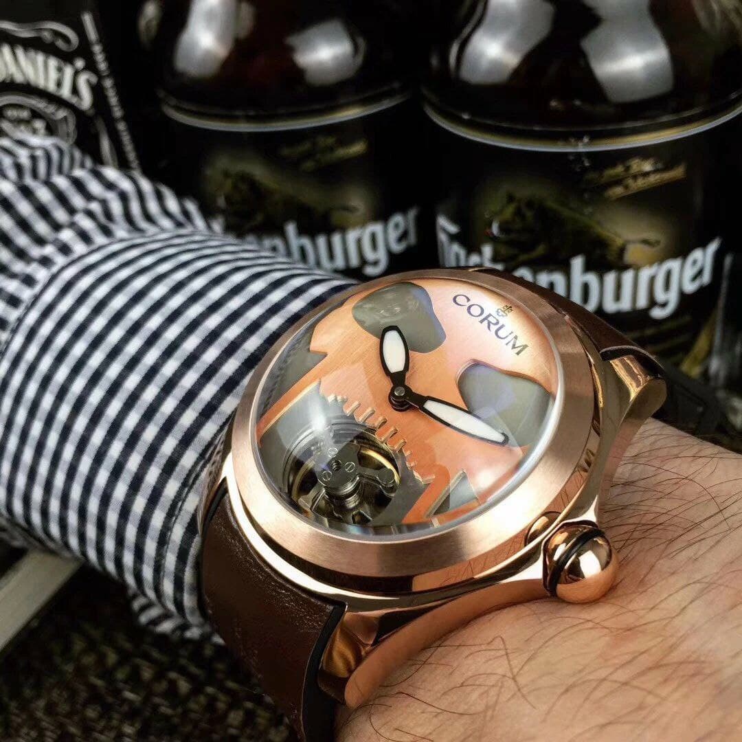 Coru Babble Case Gold Skull on Brown Leather Strap