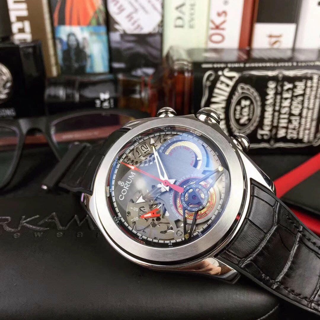 Coru Babble Case Black Skeleton on Black Leather Strap