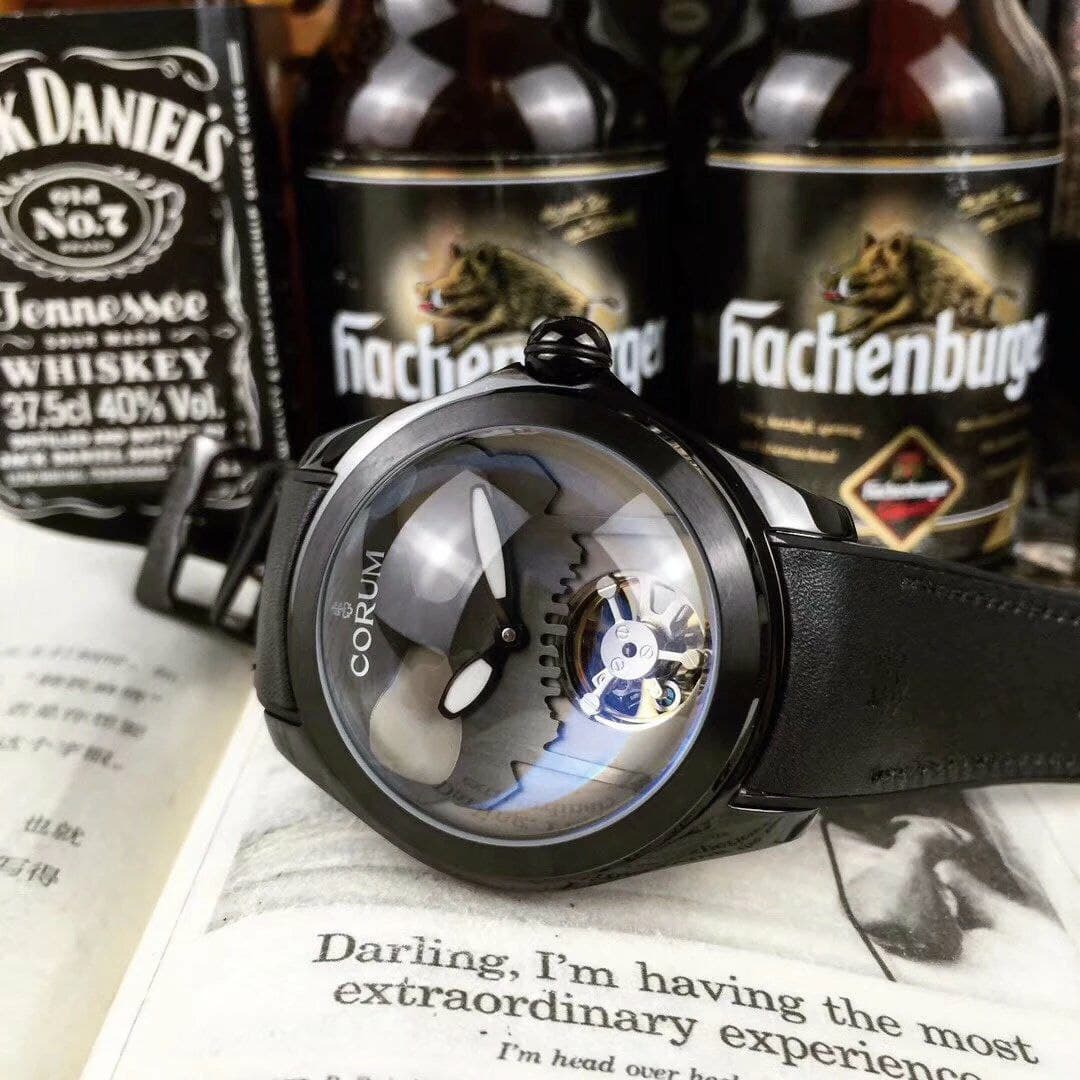 Coru Babble Case Black Skull Grey on Black Leather Strap