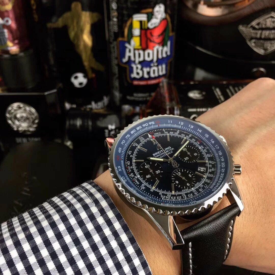Breitling Navitimer Black Blue Dial on Black Leather Strap