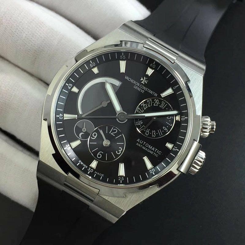 Overseas Dual Time Power Reserve TWA 1:1 Best Edition Black Dial on Black Leather Strap