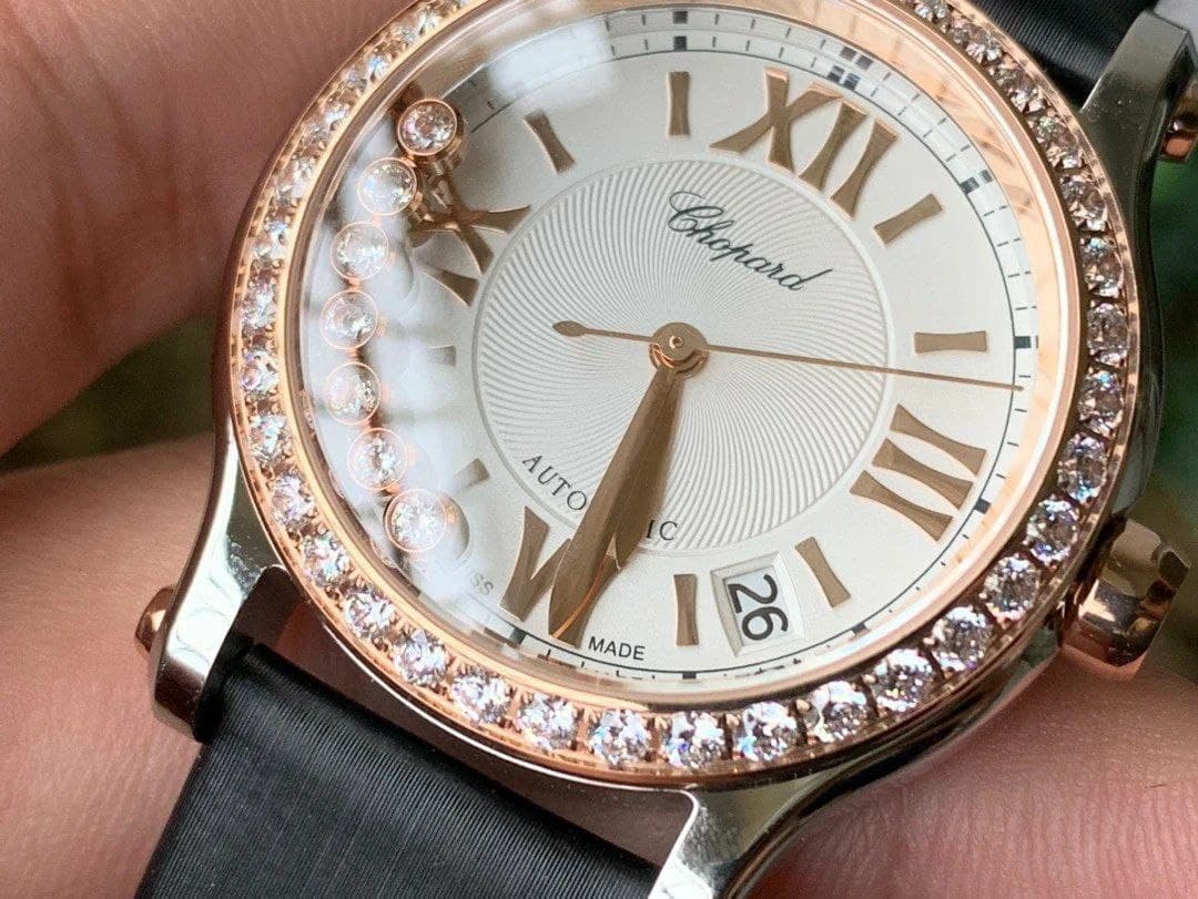 Happy Sport 36mm RG OXF 1:1 Best Edition Diamonds Bezel Black Dial on Black Leather Strap A2892