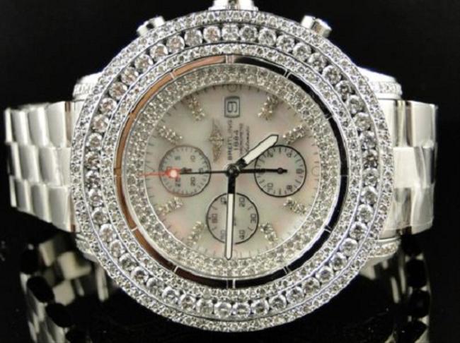 Breitling Stainless Steel XL Custom Mens Super Avenger 3 Row Diamond 23 Ct Watch Breitling Stainless Steel XL Custom Mens Super Avenger 3 Row Diamond 23 Ct Watch
