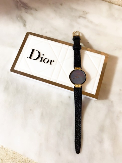 Dior Black and Gold Rare Vintage Crystal Mother Of Pearl Leather Plate Watch Dior Black and Gold Rare Vintage Crystal Mother Of Pearl Leather Plate Watch