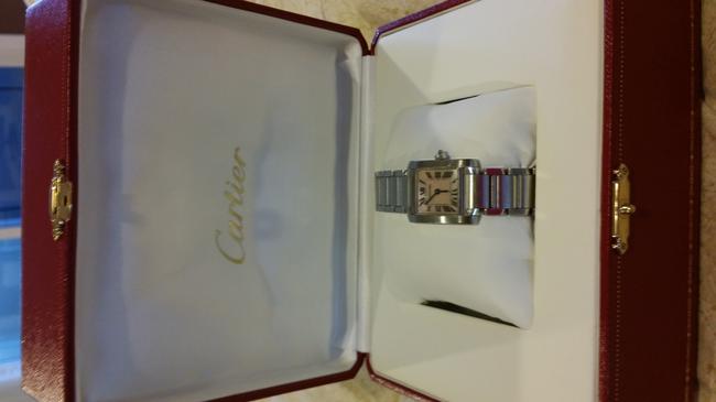 Cartier Silver Tank Francaise Stainless Steel Mother Of Pearl Ladies with Pink Sapphire Cabachon Crown Watch Cartier Silver Tank Francaise Stainless Steel Mother Of Pearl Ladies with Pink Sapphire Cabachon Crown Watch