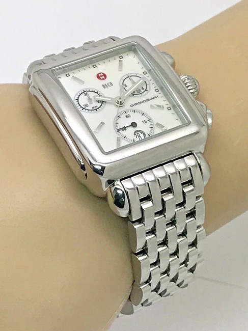 Michele Silver Deco Chronograph Swiss Quartz Mother Of Pearl Dial S\s Watch Michele Silver Deco Chronograph Swiss Quartz Mother Of Pearl Dial S\s Watch