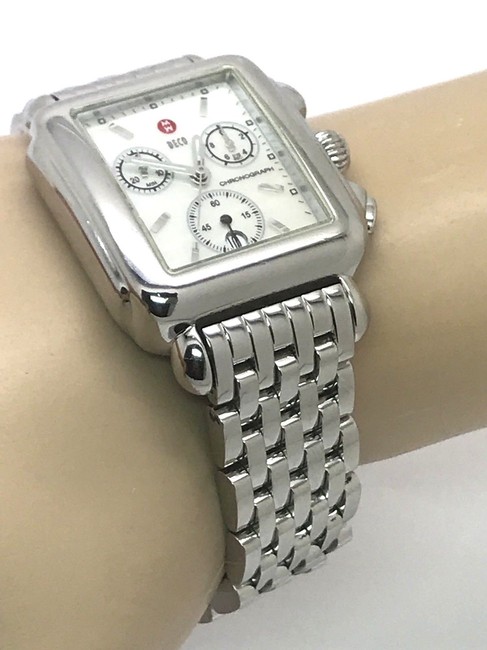 Michele Silver Deco Chronograph Swiss Quartz Mother Of Pearl Dial S\s Watch Michele Silver Deco Chronograph Swiss Quartz Mother Of Pearl Dial S\s Watch