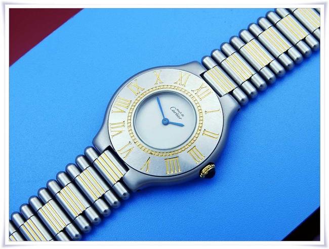 Cartier Ivory with Blue Steel Hands W Midsize Must De 21c 18kgp & St.steel Quartz W/Bracelet Watch Cartier Ivory with Blue Steel Hands W Midsize Must De 21c 18kgp & St.steel Quartz W/Bracelet Watch