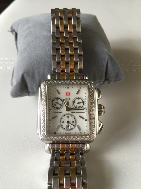 Michele Silver Stainless with 18k Gold Plated Signature Deco Diamond Bezel Chronograph Two Tone Bracelet Watch Michele Silver Stainless with 18k Gold Plated Signature Deco Diamond Bezel Chronograph Two Tone Bracelet Watch