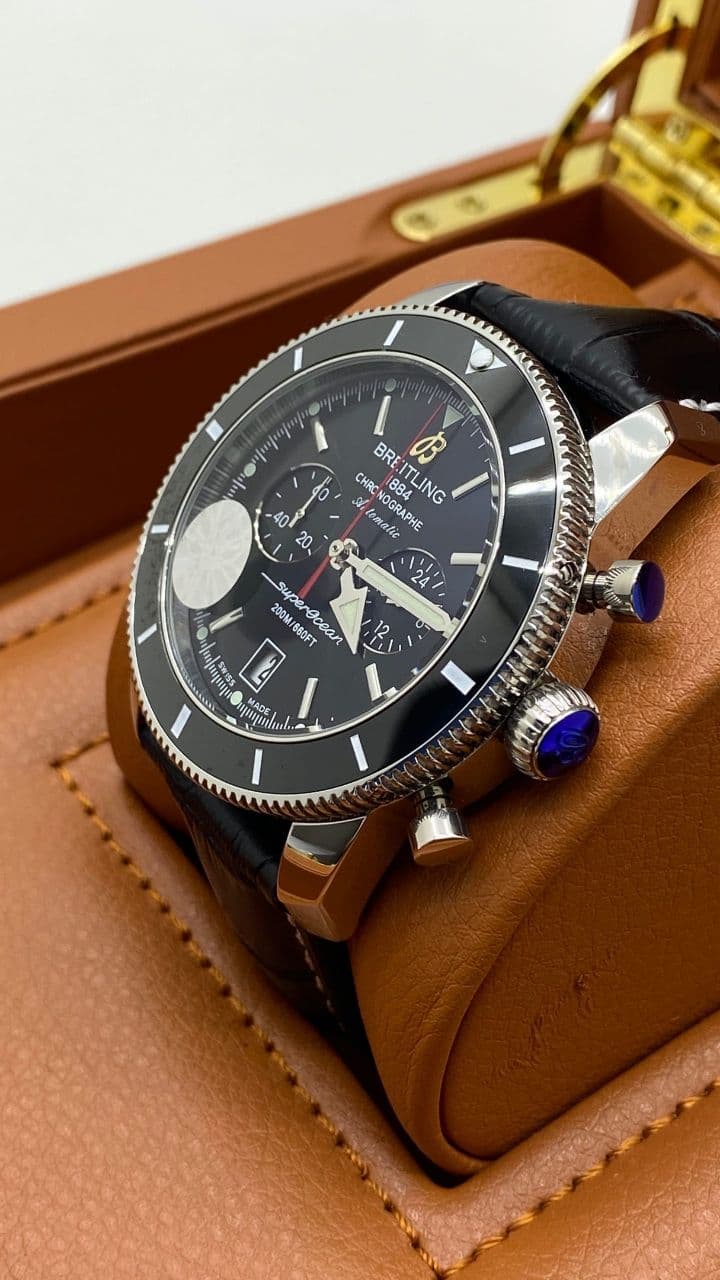 Breitling Super Ochean Black Chrono High Version on Black Leather Strap