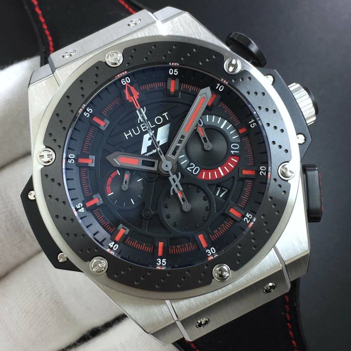 Big Bang Ferrari F1 Carbon Fiber V6F Limited Edition Black/Red Dial on Black Leather Strap HUB4100