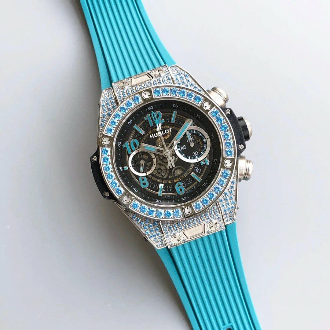 Big Bang Unico Diamond HBF 1:1 Best Edition SB Skeleton Dial Rainbow Bezel on Blue Rubber Strap A1242 Big Bang Unico Diamond HBF 1:1 Best Edition SB Skeleton Dial Rainbow Bezel on Blue Rubber Strap A1242
