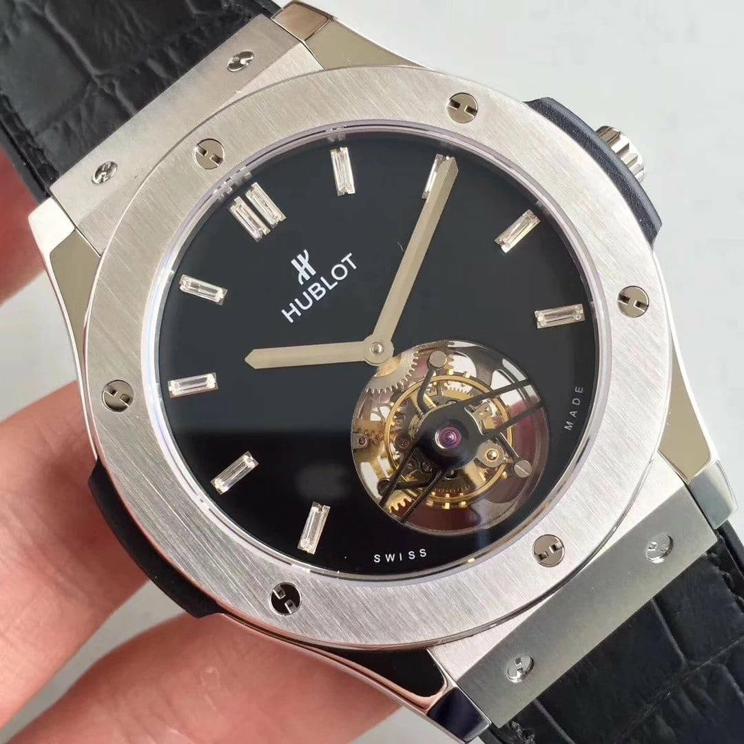 Classic Fusion Tourbillon 45mm SS Black Dial Crystal Markers on Black Gummy Strap