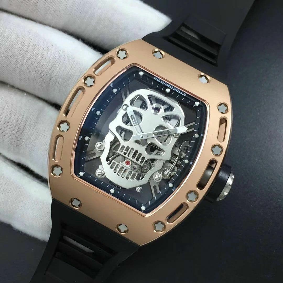 RM052 RG Real Tourbillon EURF Best Edition Skeleton Skull Dial on Black Rubber Strap