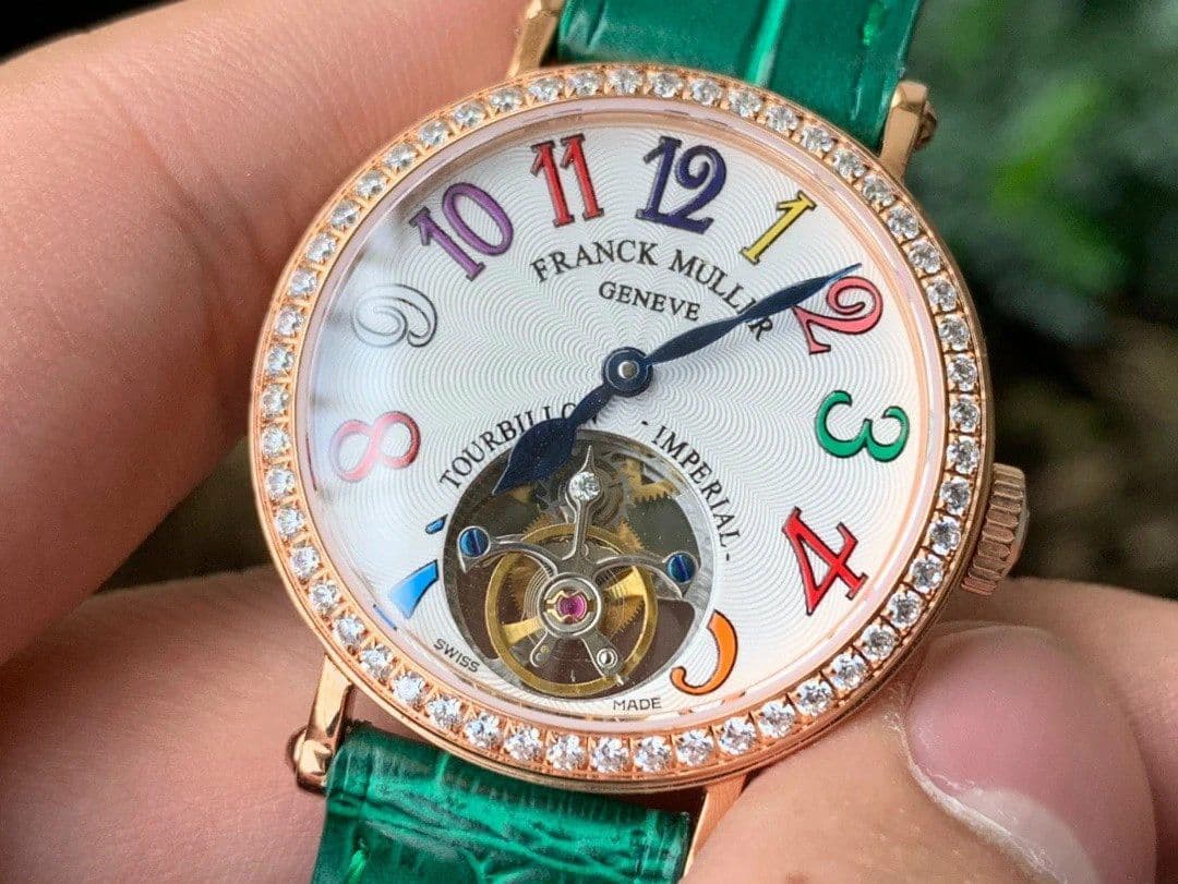 Color Dreams Tourbillon RG Diamond Bezel Arabic Numerals Markers on Green Croco Leather Strap
