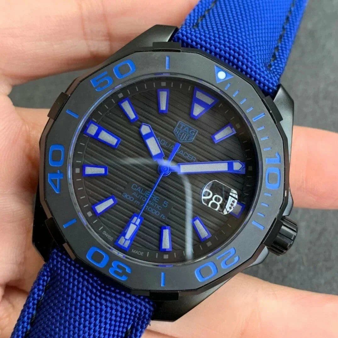 Aquaracer Calibre 5 PVD 43mm OXF 1:1 Best Edition Ceramic Bezel Black Dial on Blue Nylon Strap SW200