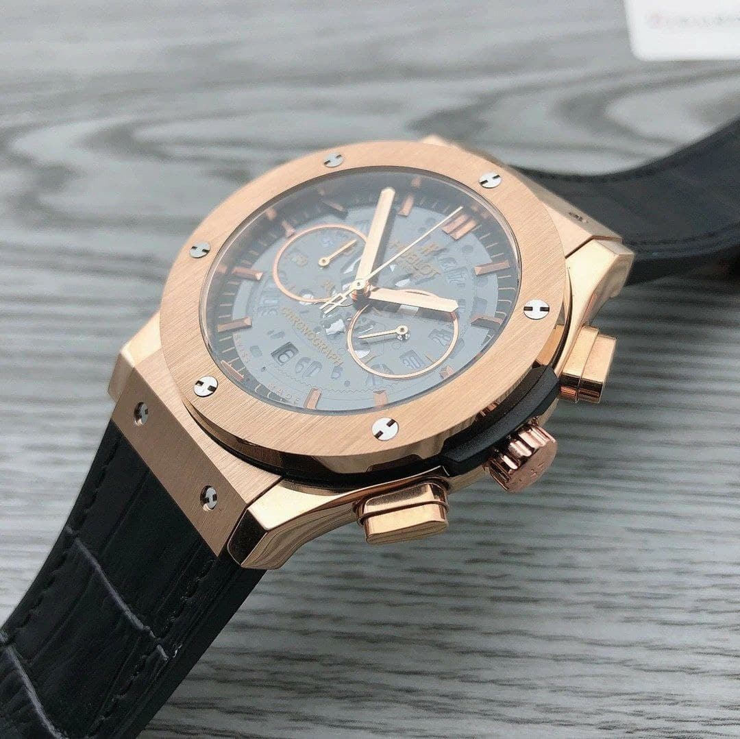 Hublot Chrono Gold Black Hight Version on Black Leather Strap