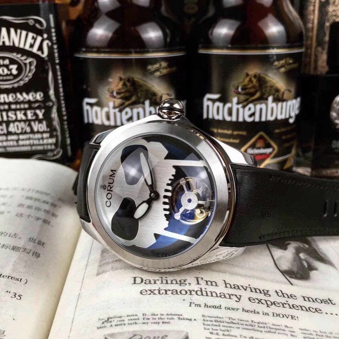 Corum Babble Case Silver Skull on Black Leather Strap