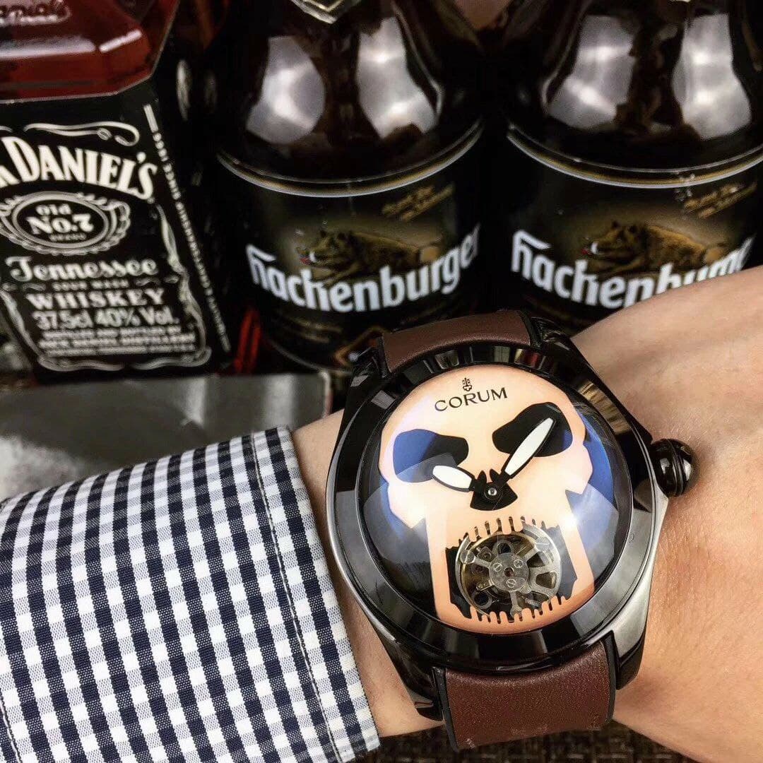 Coru Babble Case Black Skull on Brown Leather Strap