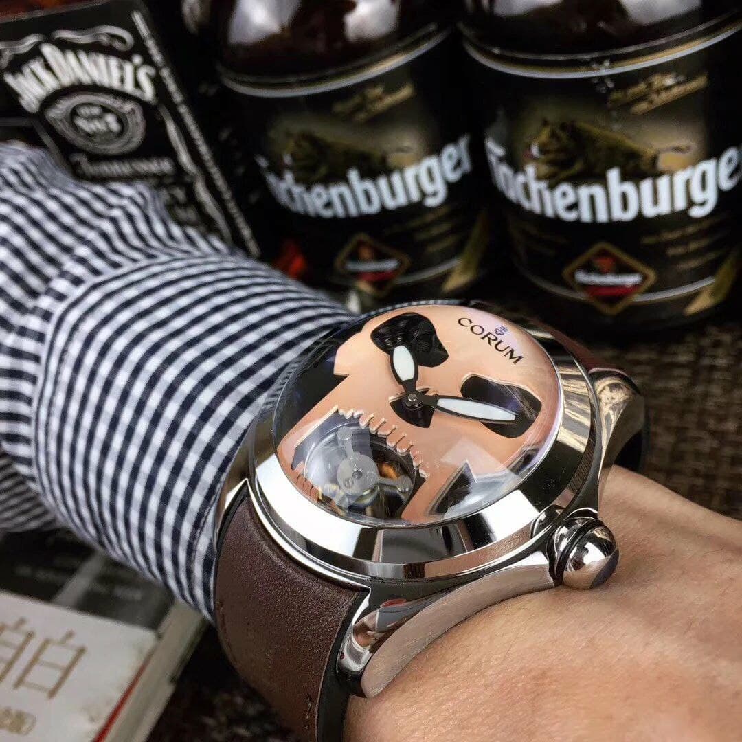 Corum Babble Case Silver Skull on Black Leather Strap
