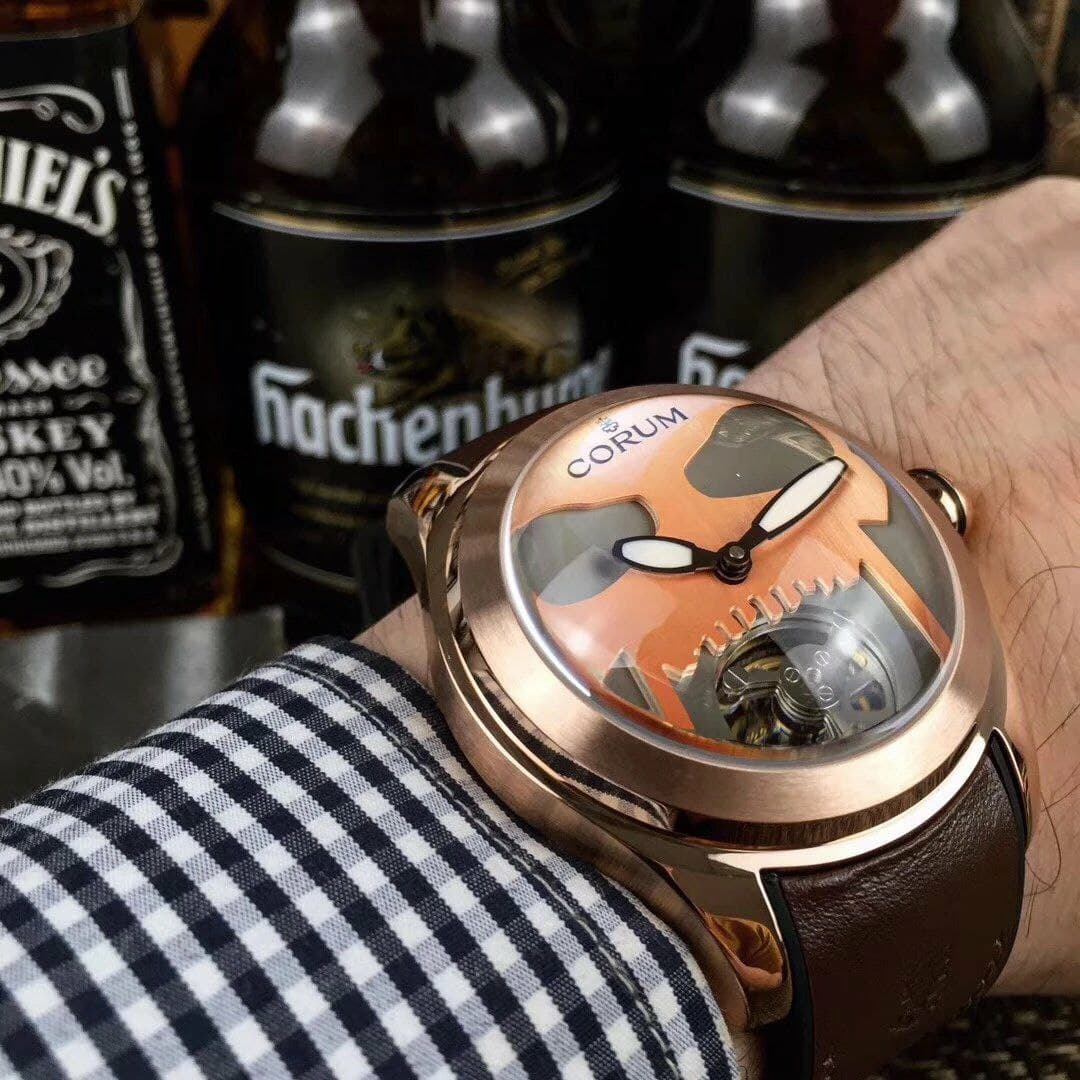 Coru Babble Case Gold Skull on Brown Leather Strap