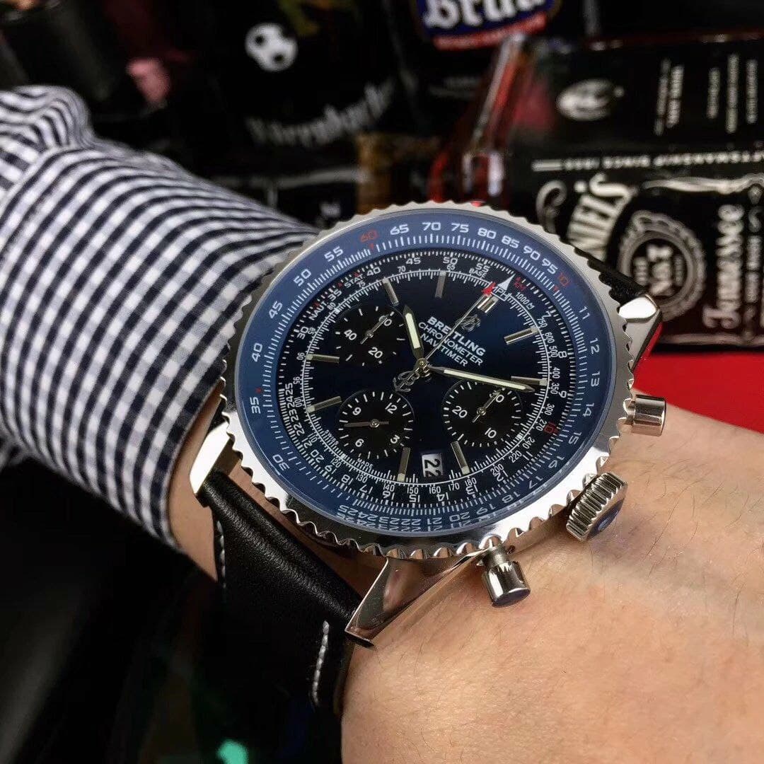 Breitling Navitimer Black Blue Dial on Black Leather Strap