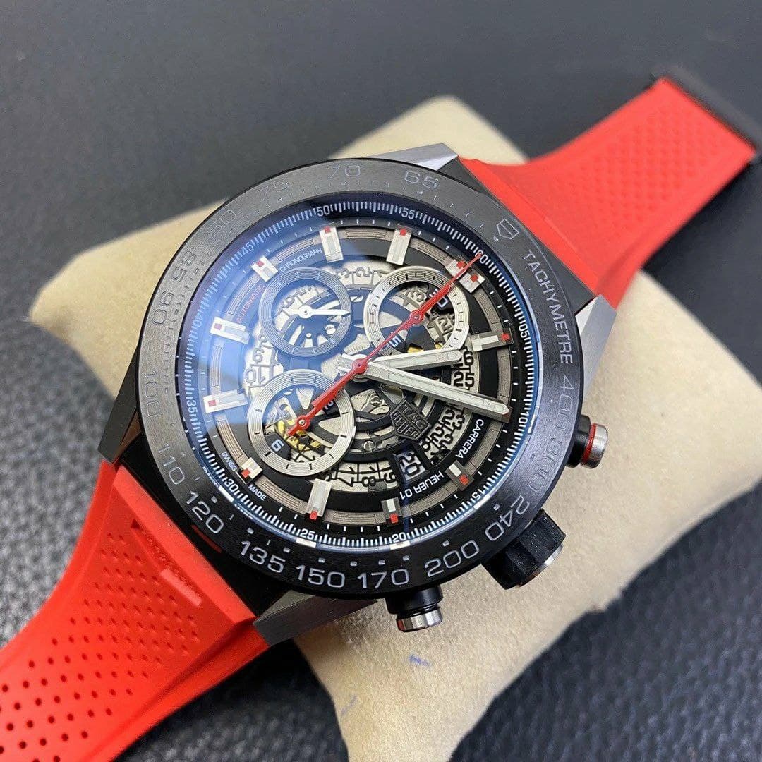 Calibre Heuer 01 Chrono SS/PVD XF 1:1 Best Edition Skeleton Dial Red Hand on Red Rubber Strap Calibre Heuer 01 Chrono SS/PVD XF 1:1 Best Edition Skeleton Dial Red Hand on Red Rubber Strap