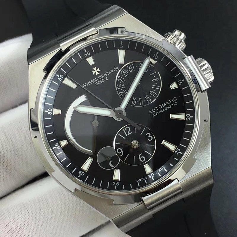 Overseas Dual Time Power Reserve TWA 1:1 Best Edition Black Dial on Black Leather Strap