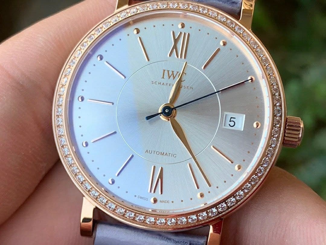 Portofino 37mm RG V7F 1:1 Best Edition Silver Dial Diamonds Bezel on Gray Leather Strap