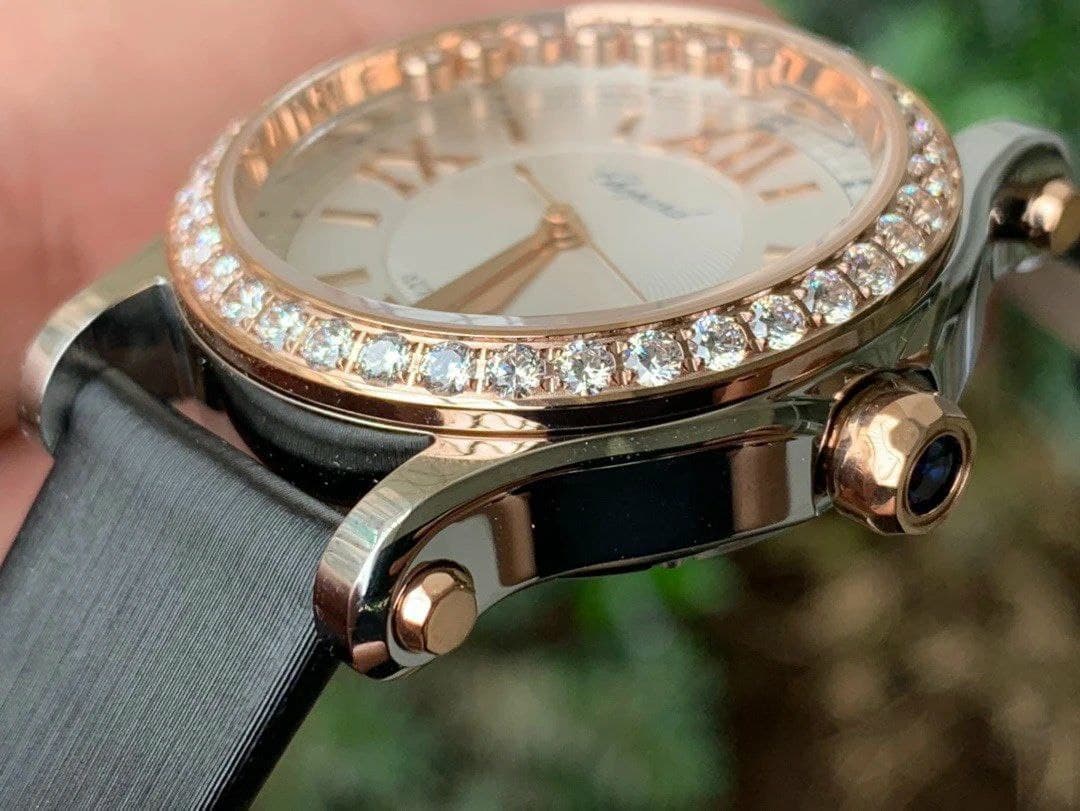 Happy Sport 36mm RG OXF 1:1 Best Edition Diamonds Bezel Black Dial on Black Leather Strap A2892