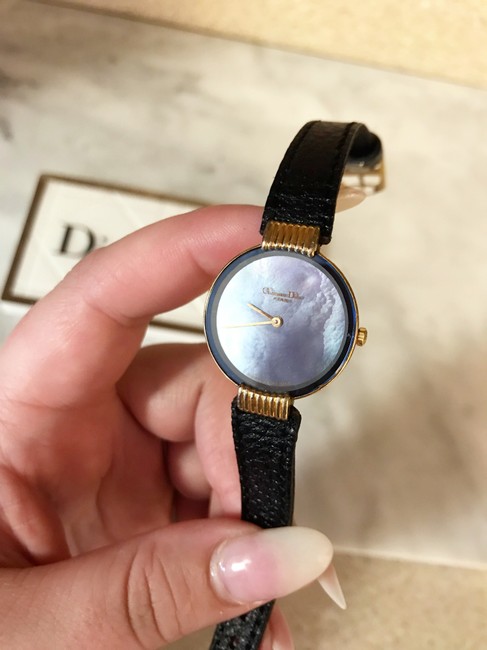 Dior Black and Gold Rare Vintage Crystal Mother Of Pearl Leather Plate Watch Dior Black and Gold Rare Vintage Crystal Mother Of Pearl Leather Plate Watch