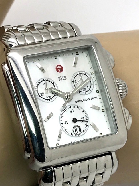 Michele Silver Deco Chronograph Swiss Quartz Mother Of Pearl Dial S\s Watch Michele Silver Deco Chronograph Swiss Quartz Mother Of Pearl Dial S\s Watch