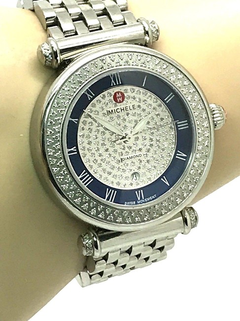 Michele Silver Pave Caber Blue Dial 0.98ctw Diamonds Womens S\s Swiss Watch Michele Silver Pave Caber Blue Dial 0.98ctw Diamonds Womens S\s Swiss Watch