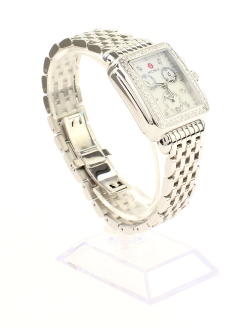 Michele Silver Stainless Steel Mother Of Pearl Deco Diamond Watch Michele Silver Stainless Steel Mother Of Pearl Deco Diamond Watch