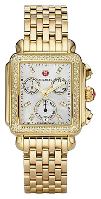 Michele Gold Tone Signature Deco Diamond Diamond Dial Watch Michele Gold Tone Signature Deco Diamond Diamond Dial Watch
