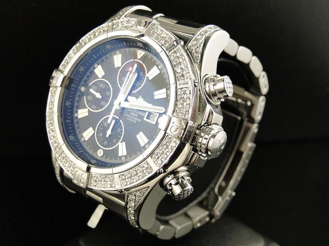 Breitling Stainless Steel XL Mens Custom Super Avenger A13370 Genuine Diamond 2.5 Ct Watch Breitling Stainless Steel XL Mens Custom Super Avenger A13370 Genuine Diamond 2.5 Ct Watch