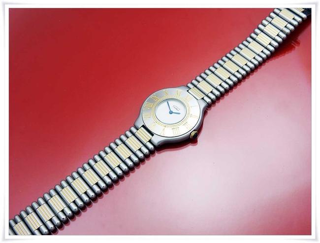 Cartier Ivory with Blue Steel Hands W Midsize Must De 21c 18kgp & St.steel Quartz W/Bracelet Watch Cartier Ivory with Blue Steel Hands W Midsize Must De 21c 18kgp & St.steel Quartz W/Bracelet Watch