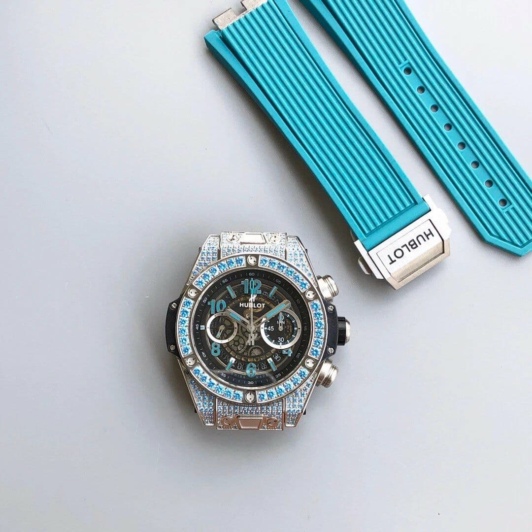 Big Bang Unico Diamond HBF 1:1 Best Edition SB Skeleton Dial Rainbow Bezel on Blue Rubber Strap A1242 Big Bang Unico Diamond HBF 1:1 Best Edition SB Skeleton Dial Rainbow Bezel on Blue Rubber Strap A1242