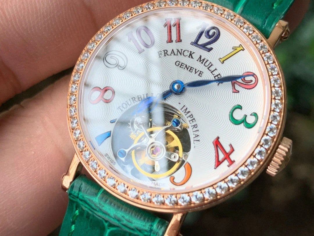 Color Dreams Tourbillon RG Diamond Bezel Arabic Numerals Markers on Green Croco Leather Strap