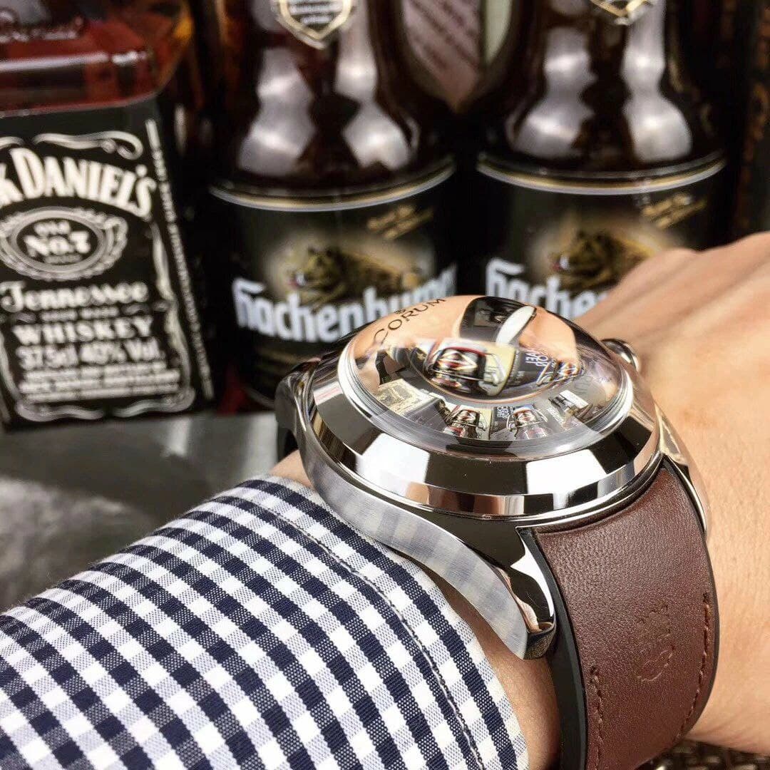 Corum Babble Case Silver Skull on Black Leather Strap