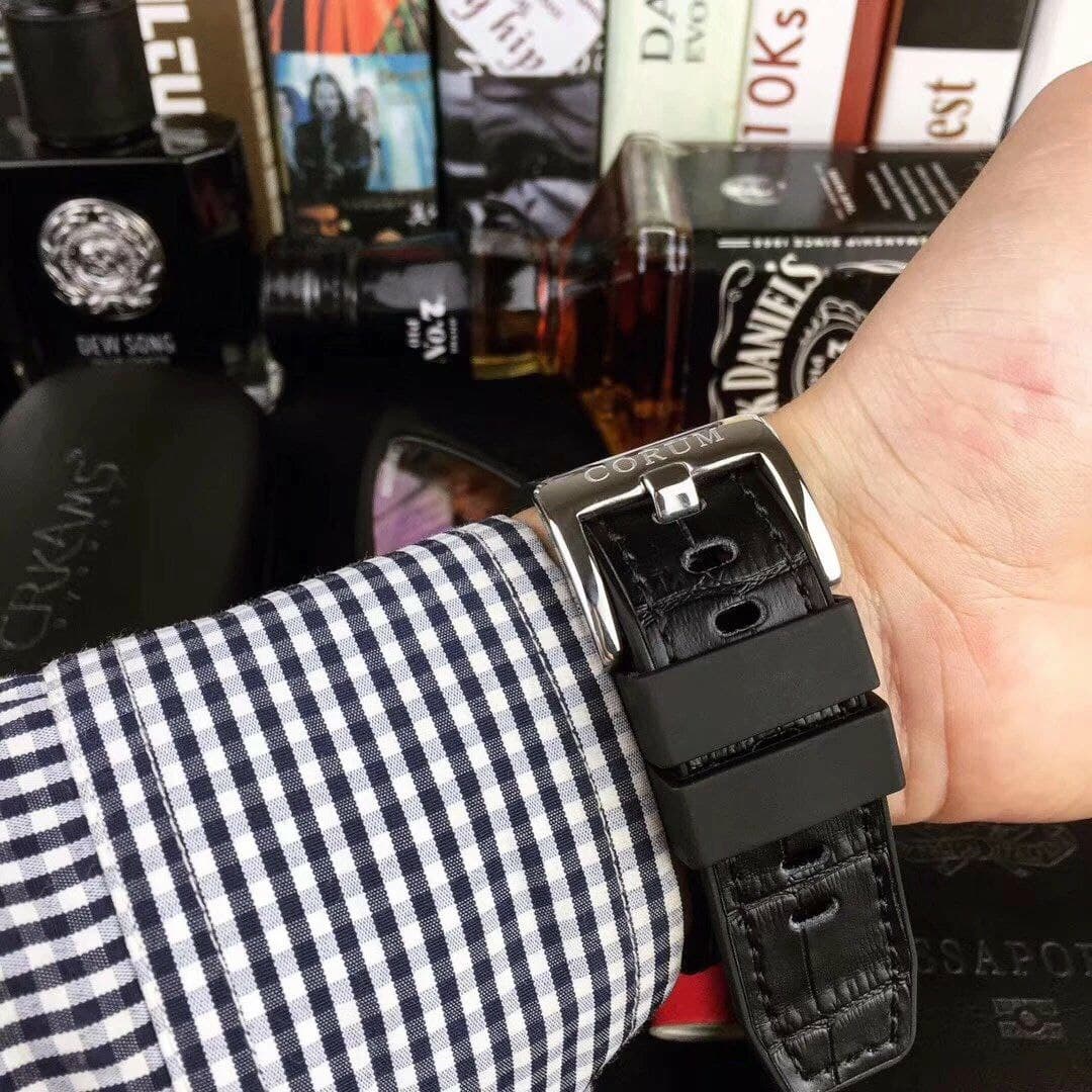 Coru Babble Case Black Skeleton on Black Leather Strap
