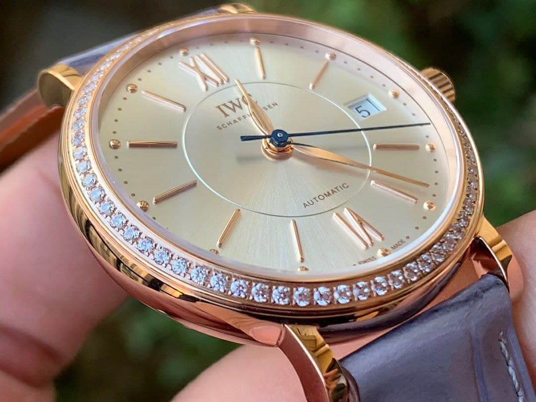 Portofino 37mm RG V7F 1:1 Best Edition Silver Dial Diamonds Bezel on Gray Leather Strap