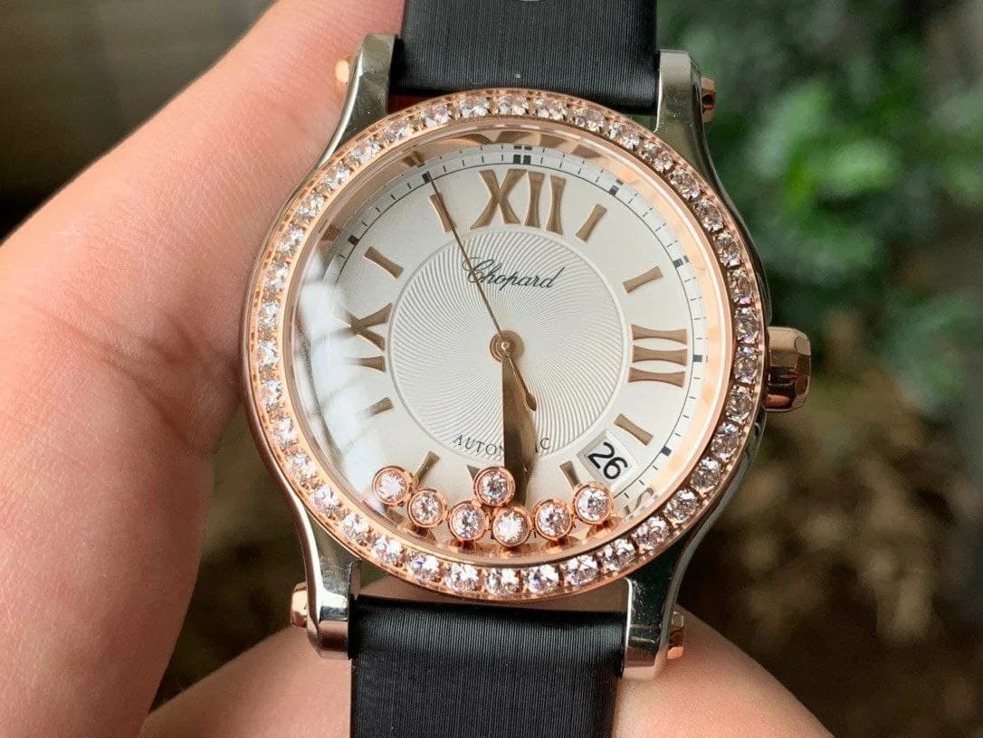 Happy Sport 36mm RG OXF 1:1 Best Edition Diamonds Bezel Black Dial on Black Leather Strap A2892