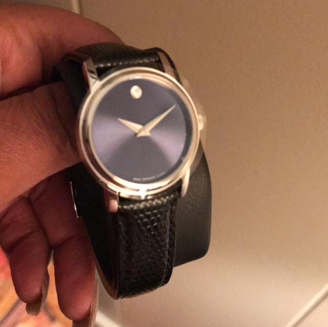 Movado Black Classic Museum Ladies. Ss Case. Blue Dial & Leather Strap Watch