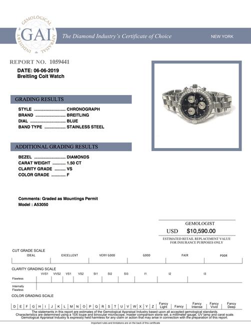Breitling Stainless Steel Certified 1.50 Carat Diamond Colt Chrono Ocean Mens Watch