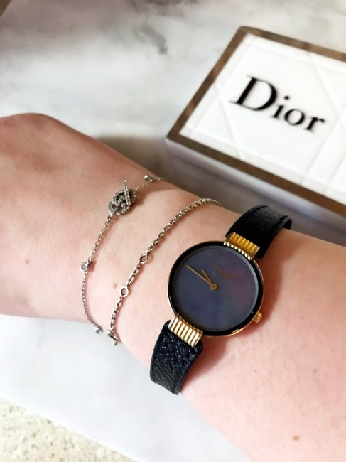 Dior Black and Gold Rare Vintage Crystal Mother Of Pearl Leather Plate Watch