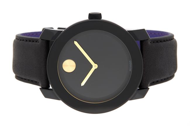 Movado Black Bold Leather Strap Gold Dot Mens Quartz 3600480 Watch
