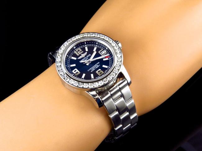 Breitling Stainless Steel Custom Ladies 2.5ct Diamond Aeromarine Colt 33 A77387 Black Dial Watch