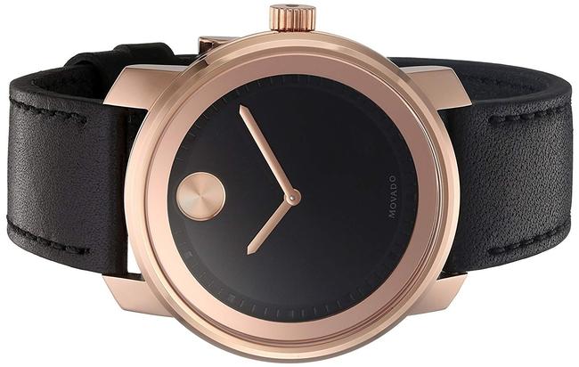 Movado Black Bold Leather Strap Rose Gold Mens Quartz 3600376 Watch