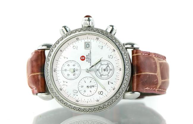 Michele Silver Stainless Steel/ Mop/ Brown Croc Leather Diamond Ladies Watch